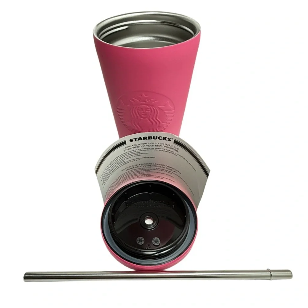 STARBUCKS | 2014 Matte Hot Barbie Pink Stainless Steel Tumbler Straw New Rare